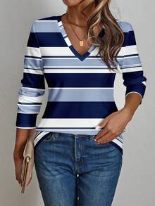 EMERY ROSE Damen Farbblock V-Ausschnitt Langarm T-Shirt, Frühling/Herbst