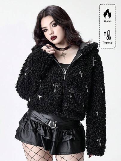 Goth Cross Decor Fuzzy Zipper Long Sleeve Casual Women Jackets