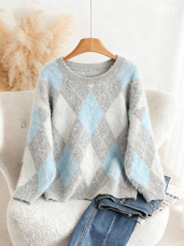 Franclia Jacquard Retro Diamond Pattern Contrast Color Loose Knit Plus Size Pullover Sweater For Women