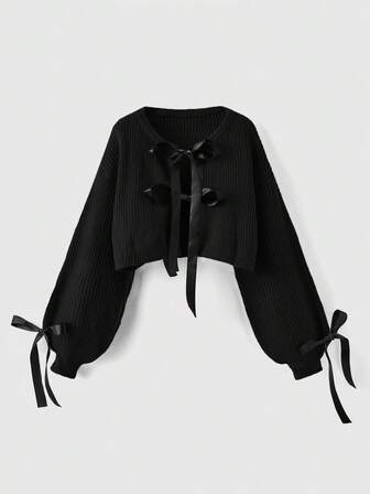 Kawaii Gentle & Cute Bow Decor Ribbon Puff Sleeve Cardigan Sweater For Women