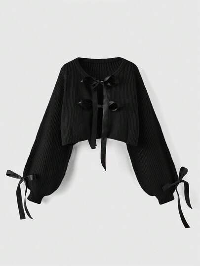 Kawaii Gentle & Cute Bow Decor Ribbon Puff Sleeve Cardigan Sweater For Women