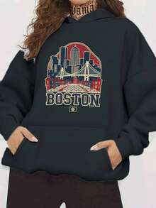 Mujer sudadera urbana casual poliéster color sólido estampado gráfico ciudad Boston ajuste holgado capucha manga larga otoño invierno uso diario sudadera - Negro - Ver 1