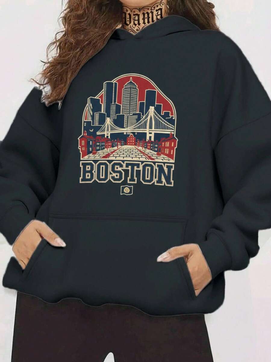Mujer sudadera urbana casual poliéster color sólido estampado gráfico ciudad Boston ajuste holgado capucha manga larga otoño invierno uso diario sudadera - Negro - Ver 1