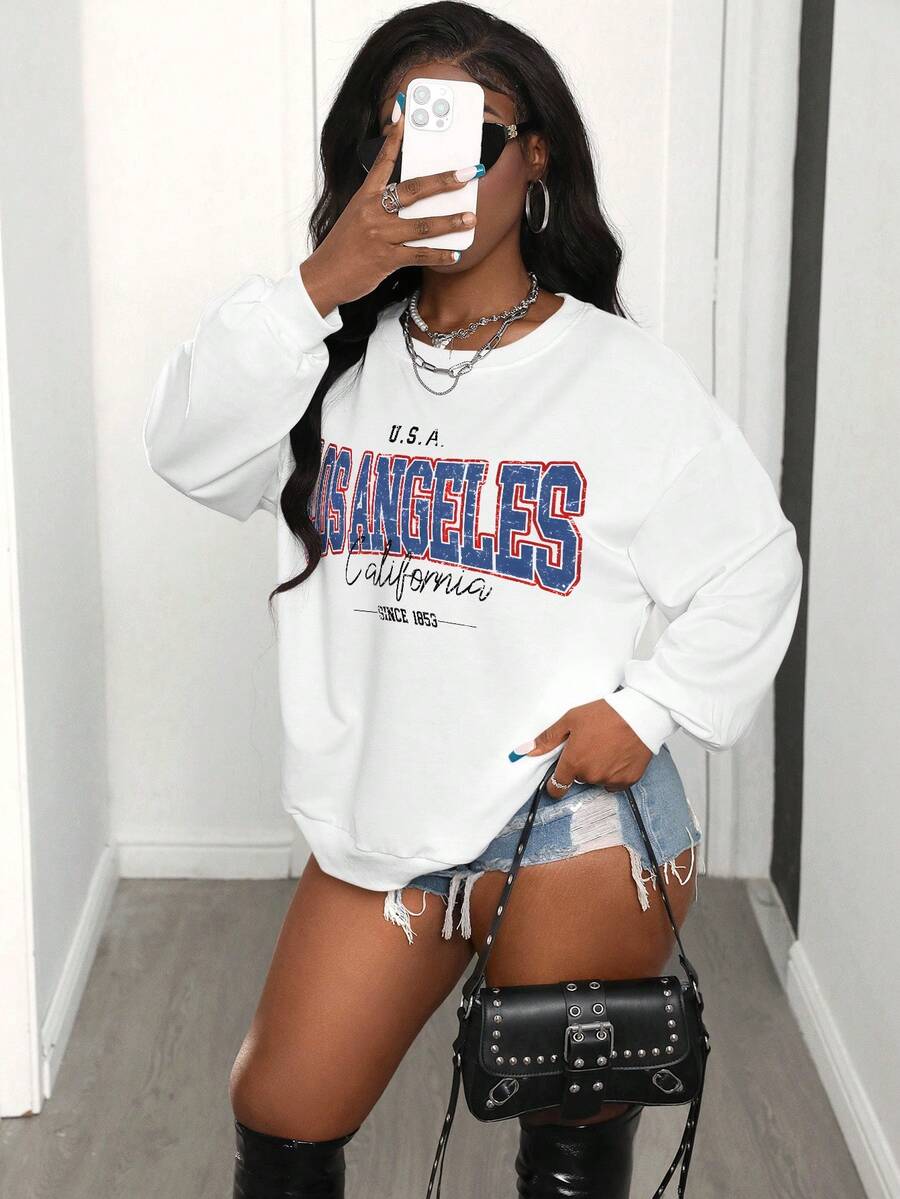BamGleam Los Angeles" Graphic Comfortable Vacation Chic Sexy Relaxed Fit Women Long Sleeve Sweatshirt Top - White - View 1