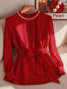 Franclia Women's Elegant Minimalist Bubble Blouse For Commuting - Red - View 1