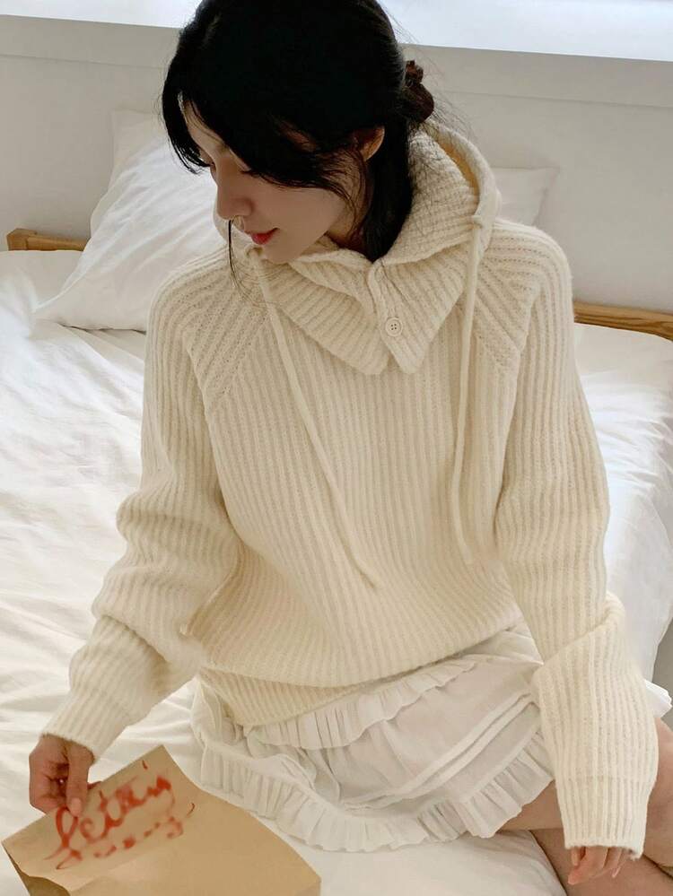 Women's Round Neck Raglan Sleeve Hooded Thick Sweater