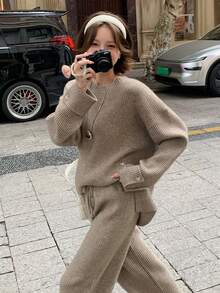 DAZY Women's Solid Color Round Neck Split Hem Casual Long Sleeve Sweater & Pants 2 Pieces Set, Autumn/Winter - Coffee Brown - View 1