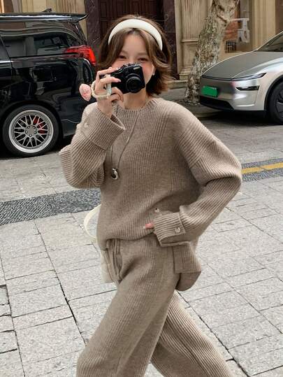 DAZY 女士纯色圆领开衩下摆休闲长袖毛衣裤两件套，秋冬款