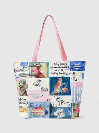 Grunge Punk Sac fourre-tout décontracté pour femmes avec motif de slogan de chat, grande capacité