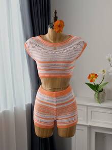 SHEIN Swim 女士撞色条纹针织罩衫和短裤套装 - 橘色 - 查看 2