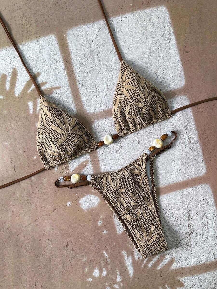 Swim Vcay Conjunto de biquíni feminino com estampa de palmeiras e detalhes em miçangas contrastantes, primavera/verão. - Castanho - Ver 1