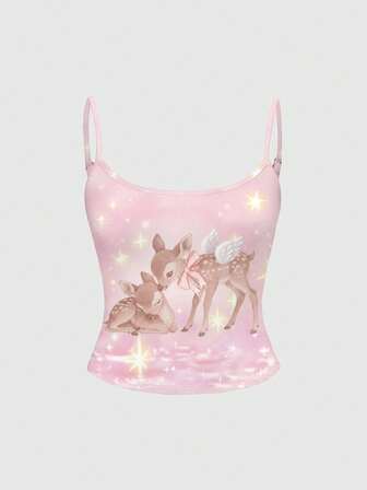 Kawaii قميص كامي وردي للنساء مزين برسم غزال لطيف وطباعة نجوم بريئة وبريئة