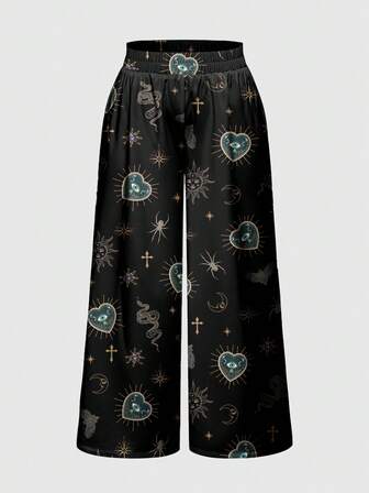 Goth Pantalon large pour femmes avec imprimés vintage de style palais : cœur, œil, aile, larme, soleil, lune, étoile, constellation, croix