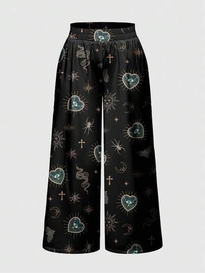 Goth Vintage Palace Style Heart, Eye, Wing, Teardrop, Sun, Moon, Star, Constellation, Cross Print Women Wide Leg Pants