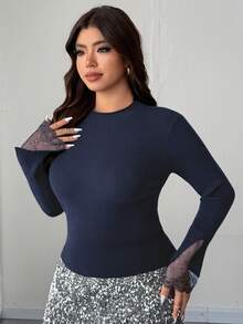 Dazy Plus Solid Color Elastic Fitted Lace Splice Elegant Versatile Casual Long Sleeve Pullover Sweater, Autumn/Winter - Navy Blue - View 5