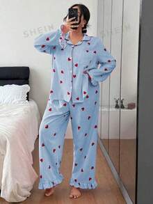 SHEIN 加大码粉色条纹爱心睡衣套装，秋冬服装 - 藍色 - 查看 3