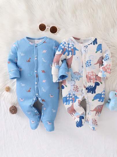 Newborn Baby Pajamas-Newborn One Piece Pajama Crew Neck Long Sleeve Footed Front Snap Dinosaur Print Blue And Beige Ribbed Texture Four Season 2026 New Year Essential