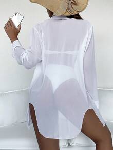 SHEIN Swim Summer Beach Casual Long-Sleeved Blouse For Women Solid Color Beach Vacation Open-Collar Kimono - White - View 2