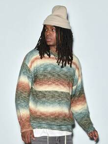 Modcrash 白悦秋冬粗针织圆领毛衣，渐变彩虹条纹，柔软蓬松，羊毛质感，保暖宽松男士针织套头衫 - 彩色 - 查看 4