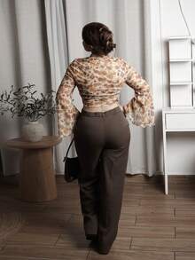 Lupita Cardoza Women Casual Solid Color Straight Leg Pants ,Petite Women - Coffee Brown - View 2
