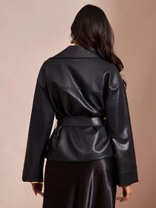 L'Amorae 女士双排扣短款皮质风衣外套，配腰带，适合约会、外出、商务休闲场合 - 黑色 - 查看 3
