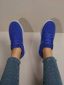 Zapatillas casuales para mujer, plataforma cómoda, punta redonda, cordones clásicos, estilo minimalista, uso diario, zapatos de moda - azul real - Ver 3