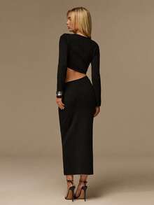 SHEIN Glamour 2026 New Arrival Fashion Metal Buckle Long Sleeve, Autumn/Winter 2 Pieces Long Skirt Set Black Two Pieces Set Women Black Skirt Set Modest Two Pieces Set Long Sleeve Two Pieces Set Two Pieces Outfit Black Long Sleeve Two Pieces Set Women Two Pieces Outfits Black Two Piece Set Women 2 Piece Long Skirt Set - Black - View 2