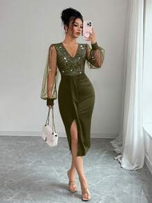 Elenzga Women's Sequin Mesh Patchwork V-Neck Glitter Party Dress - Olive Green - View 4