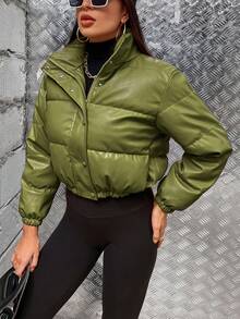 EMERY ROSE Women's Solid Color Long Sleeve Zipper Front Short Padded Coat For Winter Clothes - Green - View 5
