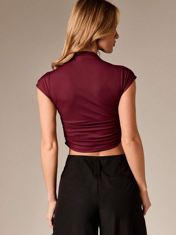 Cap Sleeve Ruched Mock Neck Top