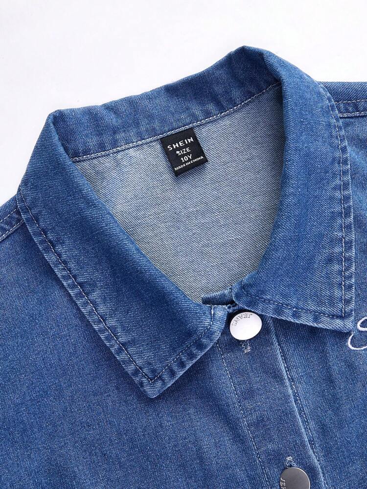 SHEIN Tween Girls Denim Dress, Casual & Comfortable Button-Up Denim Dress With Embroidered Pattern, Fashionable Streetwear Style, Versatile Fabric, New Arrival Blue Tween Dress Long Sleeve - Dark Wash - View 6
