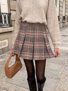Pariaura Fashionable Pleated Plaid Mini Skirt, Versatile - Rust Brown - View 6