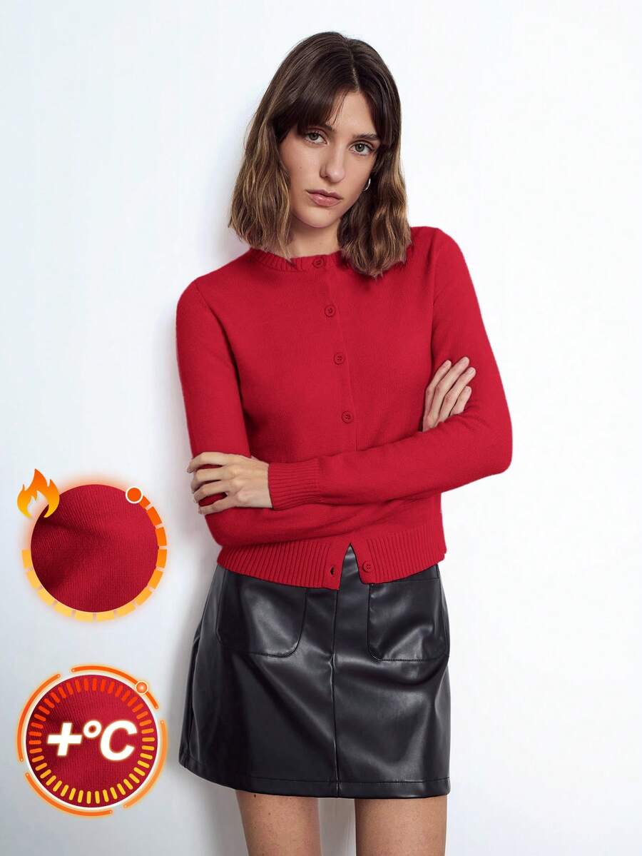 Maija Women's Elegant Solid Color Round Neck Button Long Sleeve Casual Cardigan, Versatile And Practical, Suitable For Daily Wear, Business Casual Occasions, Knitted Cardigan St Patrick's Day Women Easter Summer Easter Women Party Top Beach Summer Holiday Beach Vacation Summer Going Out Graduation - Red - View 1