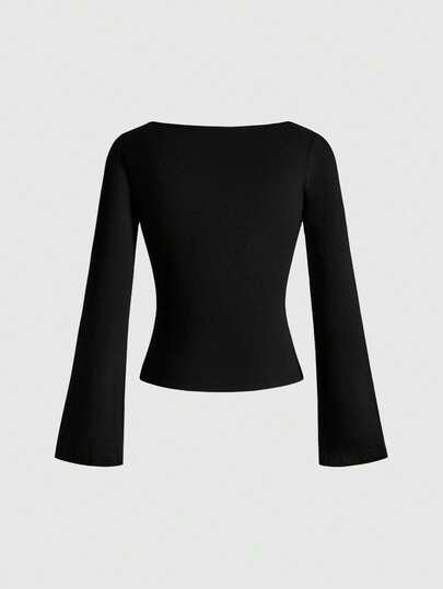 Goth Heart Cross Gemstone Teardrop Moon & Star Sexy Punk Low-Cut Vintage Ruched Fitted Black Gothic Flare Sleeve Long Sleeve Women T-Shirt