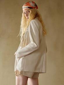 MOTF STUDIO WOMEN'S FRINGE DETAIL POINTELLE TRIM LAPEL COLLAR BLAZER, AUTUMN/WINTER - Beige - View 4