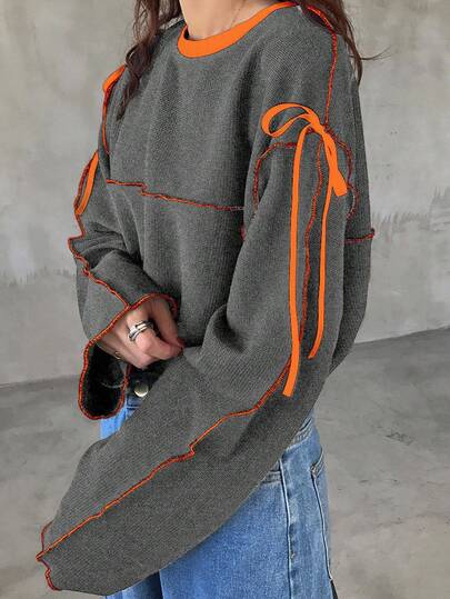 FRIFUL 女士宽松圆领撞色蝴蝶结T恤