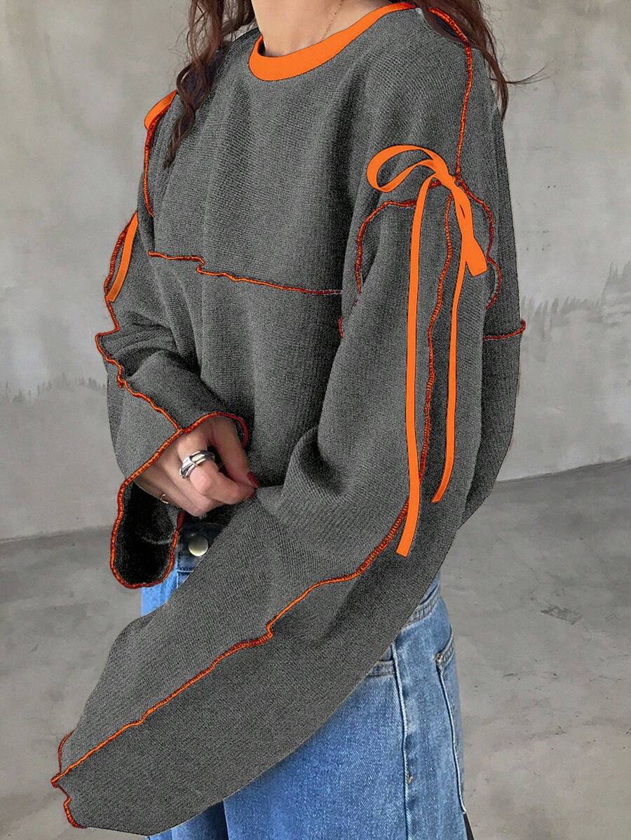 FRIFUL 女士宽松圆领撞色蝴蝶结T恤 - 灰色 - 查看 1