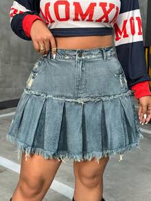 SHEIN Unity Plus Size Casual Washed Frayed Pleated Denim Skirt - Blue - View 8