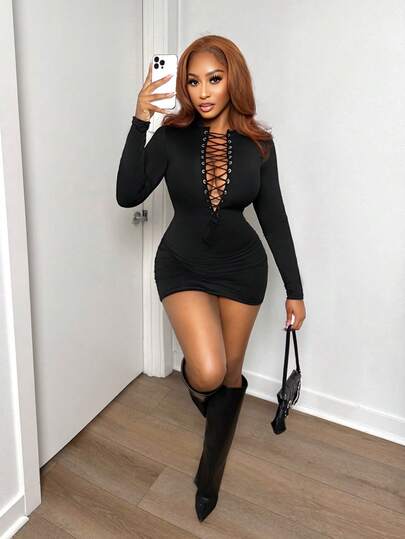 BamGleam Autumn/Winter New Sexy Lace-Up Hollow Out Design Bodycon Party Mini Dress For Women