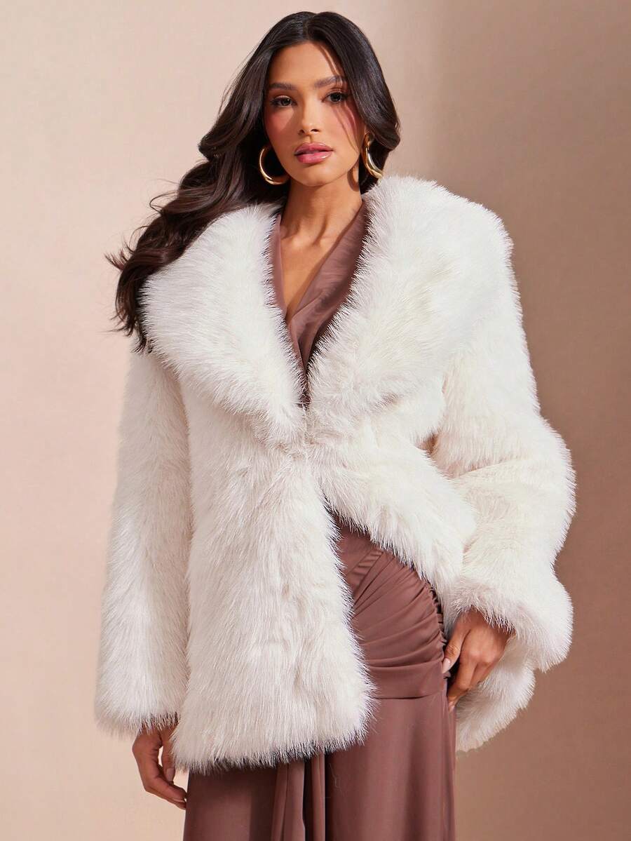 L'Amorae Solid Color Plush Short Casual Warm Winter Fashion Jacket - Apricot - View 1
