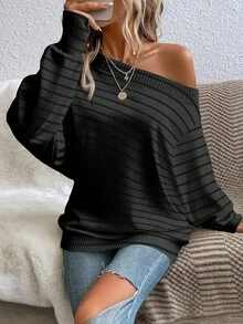 EMERY ROSE Women's Casual Gray & Black Striped Off-Shoulder Sweater, Suitable For Autumn/Winter - Multicolor - View 3