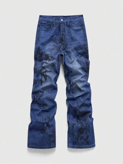 Street Life بنطلون جينز أزرق ذو خصر عالي وطباعة رجعية أنيقة للرجال