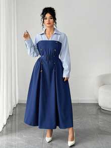 SHEIN Elenzya Abito lungo a blocchi di colore per taglie forti, abito da pendolare per l'autunno/inverno - Multicolore - Visualizzare 3