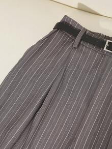 SHEIN Franclia 2pcs Set: Elegant French Style Commuter Black Square Collar Long Sleeve Bodycon Top And Striped Suit Pants, Autumn/Winter - Dark Grey - View 7