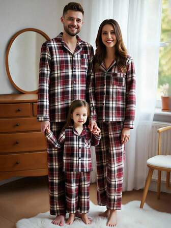 Dam minimalistisk klassisk röd- och vitrutig topp och byxor i två delar, casual pyjamasset, höst- och vinterkläder