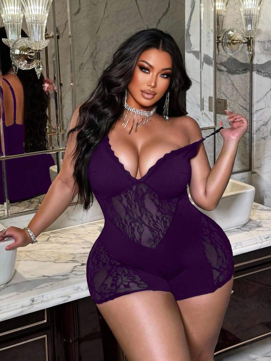 NU&NOW 大码时尚性感透视蕾丝拼接吊带连体衣 - 紫色 - 查看 1