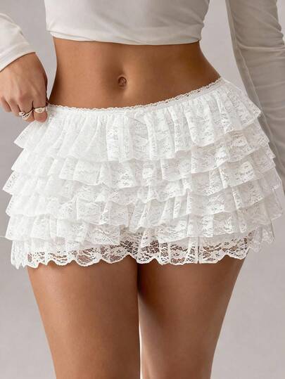 SHEIN SXY 大码女式性感可爱层叠蕾丝荷叶边短裙，适合休闲、街头风、西式装扮、音乐节、复古风、极简主义、演唱会、嘉年华派对、度假、外出、假期、假日、约会之夜、聚会、生日、单身派对、休息、锐舞派对、端庄、时尚、夜店、休闲、购物、街头风、外出、Y2K、妩媚风，易于搭配，显瘦，凸显身材，修饰身形