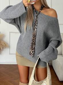 DAZY Damen Einfarbiger Locker Off-Shoulder Langarm Pullover Eleganter Strickpullover, Herbst/Winter - Grau - Übersicht 6