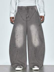 Modcrash 1件 Justice Brother 男士休闲宽松破洞阔腿牛仔裤，日系风格，百搭春夏款 - 灰色 - 查看 2