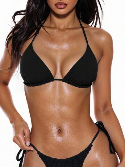 SHEIN Swim Women's Summer Beach Solid Color Halter Tie Sexy Triangle Cup Bikini Top (Removable Bow Tie)